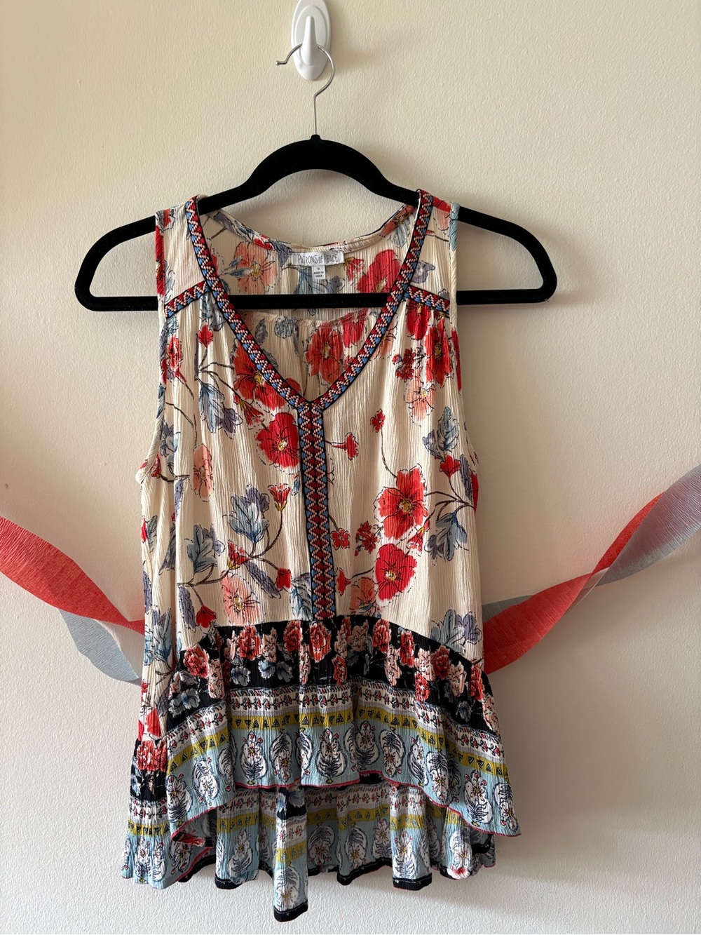 Patrons of Peace Floral Tiered V-Neck Sleeveless Top with Braided Neck Detailing